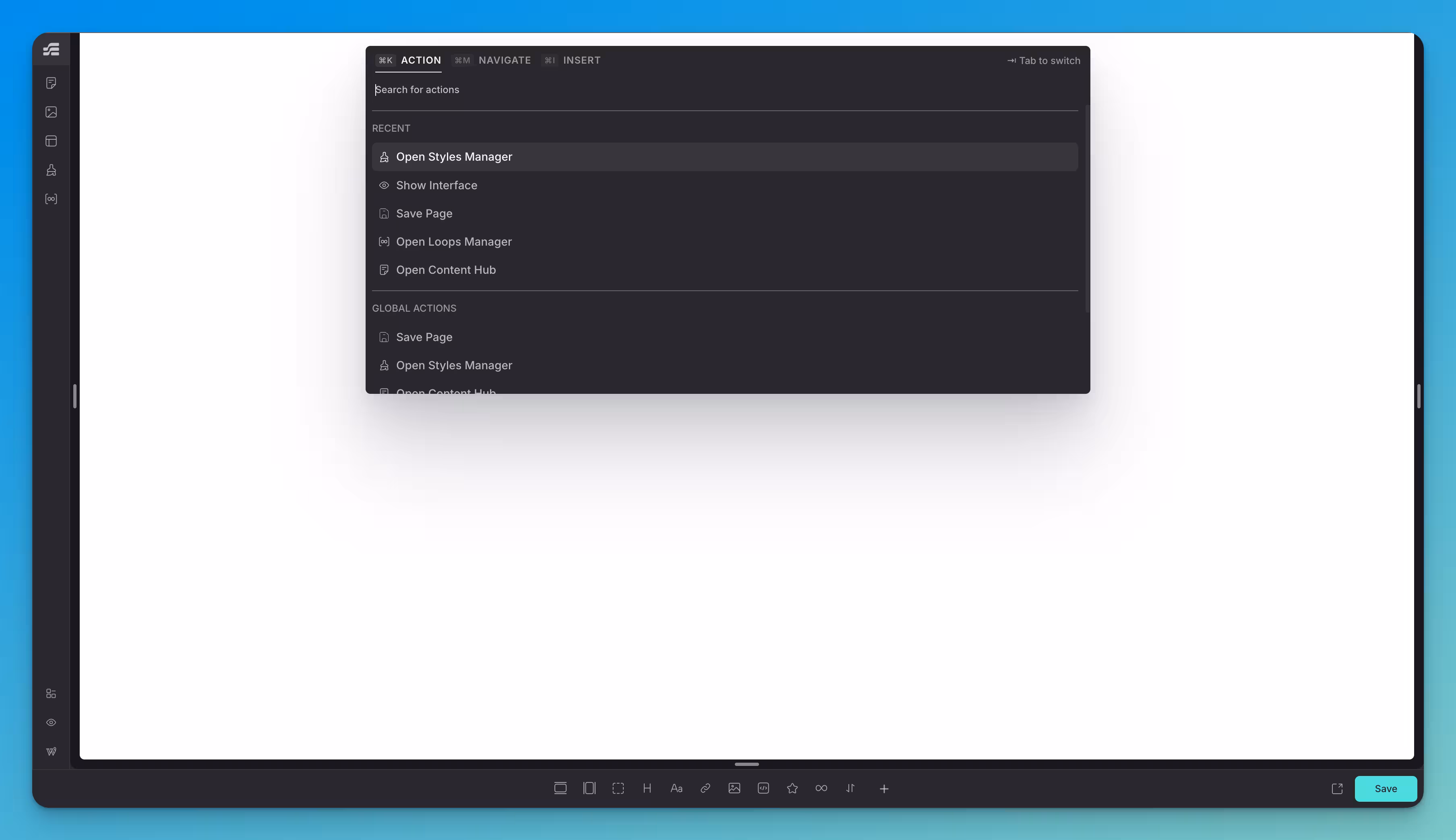 Screenshot of the Command Bar in Etch, open in its default "Action" mode