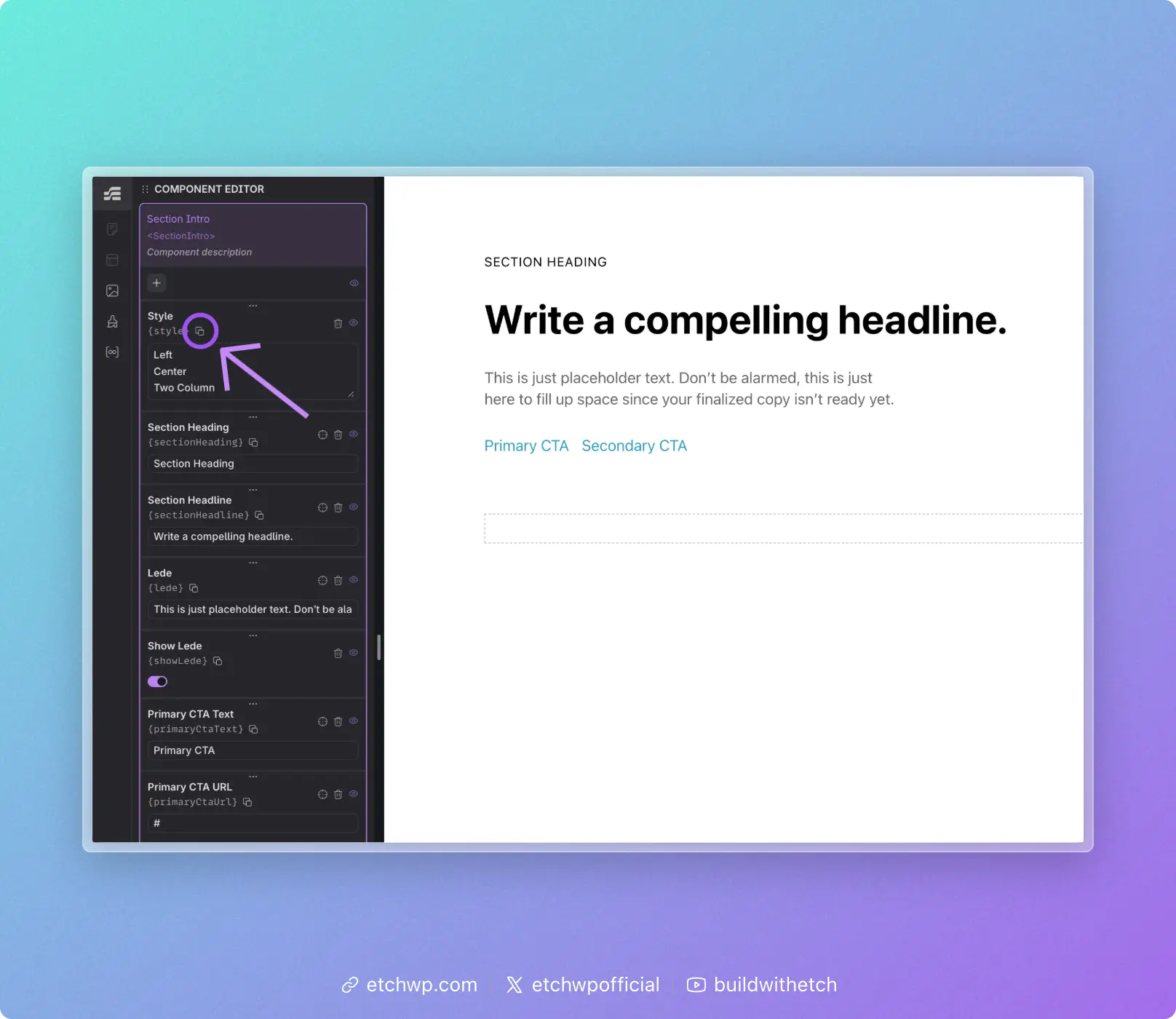 Copy icon on a prop in the component editor