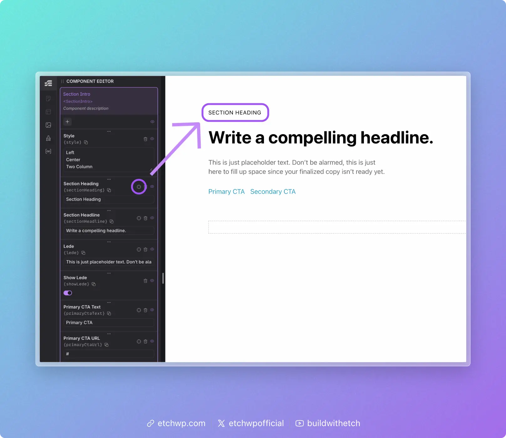 Target icon on a prop in the component editor