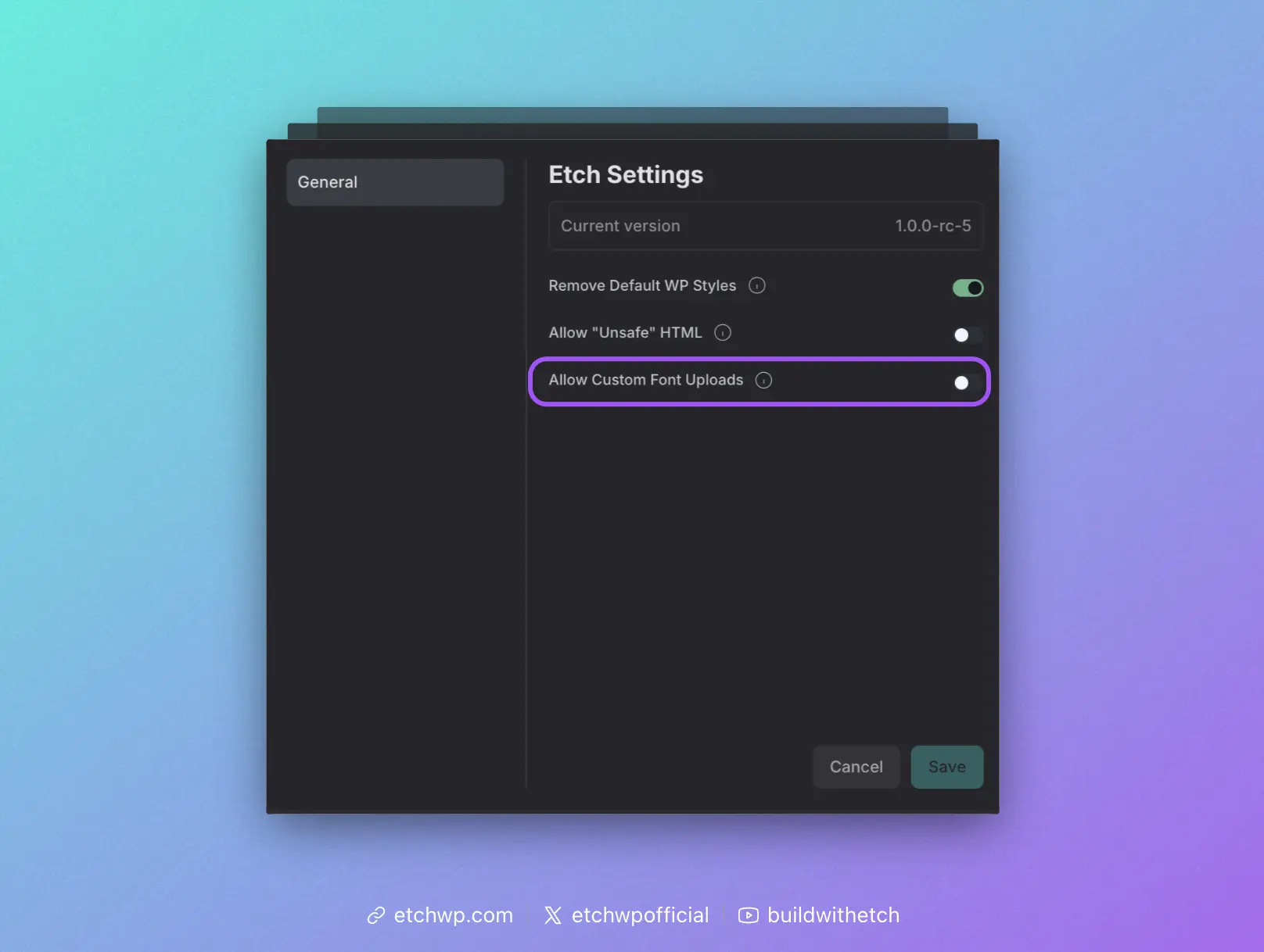 Custom font upload toggle in Etch Settings